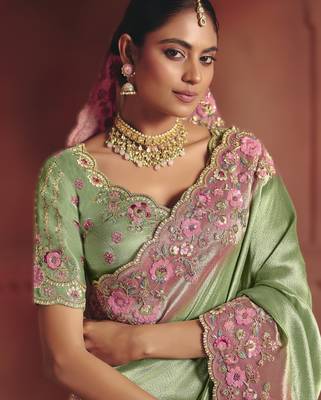 Parrot green pure smooth zari silk blend saree with embroidery and sequins 2