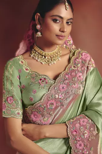 Parrot green pure smooth zari silk blend saree with embroidery and sequins