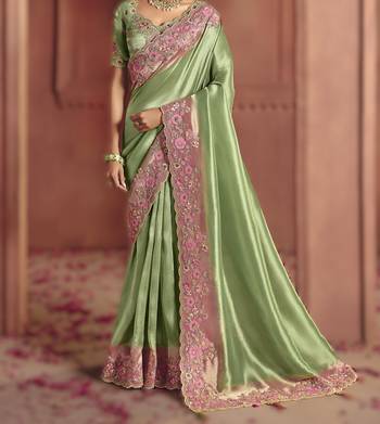 Parrot green pure smooth zari silk blend saree with embroidery and sequins 3