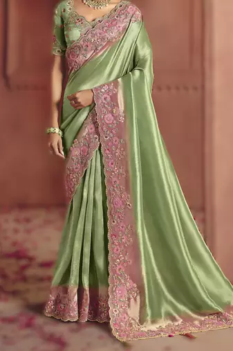 Parrot green pure smooth zari silk blend saree with embroidery and sequins