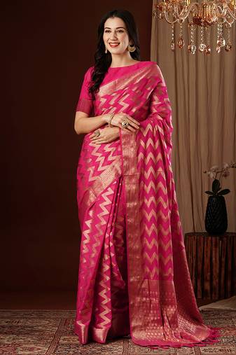 pink color beautiful woven ethnic georgette fabric ceremonial saree