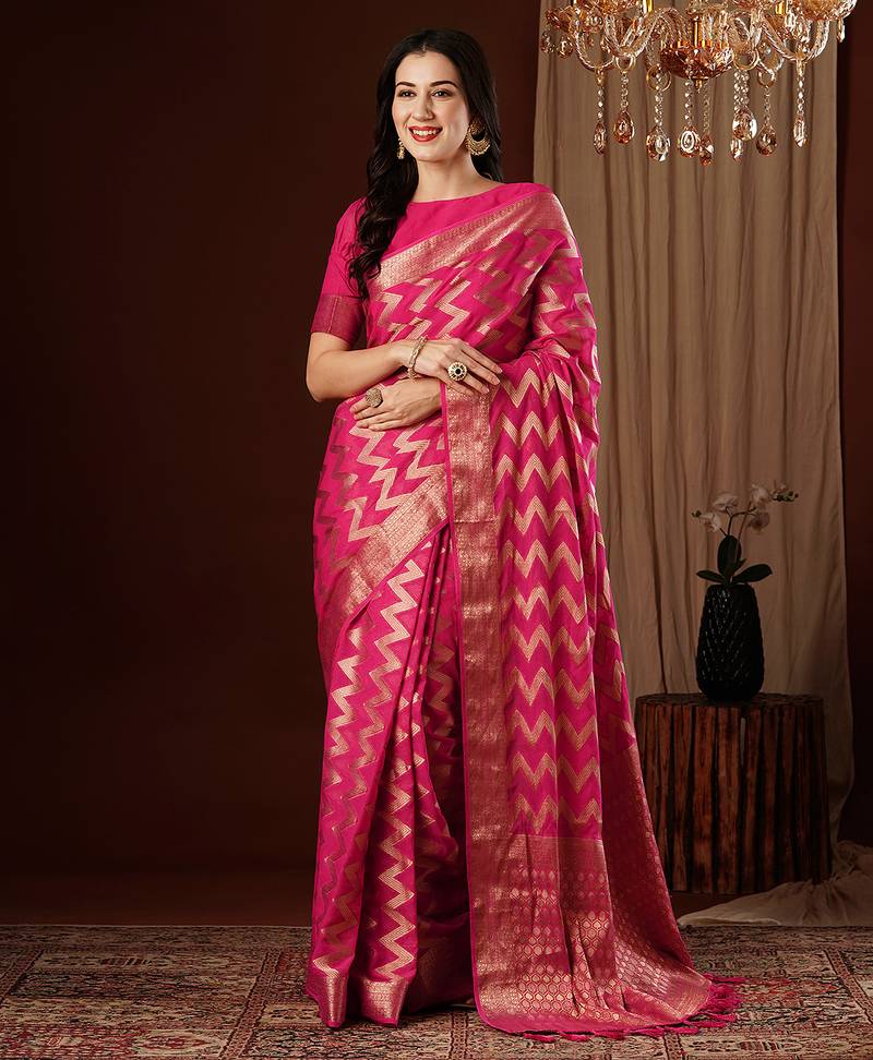 pink color beautiful woven ethnic georgette fabric ceremonial saree