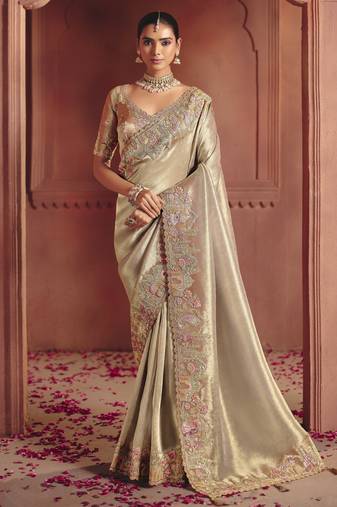 Chiku stunning pure smooth zari silk saree with sequins and embroidered blouse