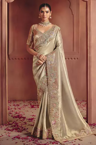 Chiku stunning pure smooth zari silk saree with sequins and embroidered blouse