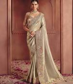 Chiku stunning pure smooth zari silk saree with sequins and embroidered blouse