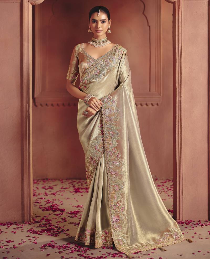 Chiku stunning pure smooth zari silk saree with sequins and embroidered blouse