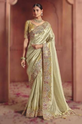 Mehendi graceful pure smooth zari silk saree with heavy embroidery and sequins