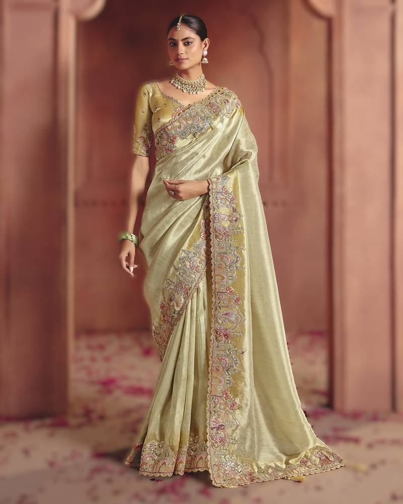 Mehendi graceful pure smooth zari silk saree with heavy embroidery and sequins