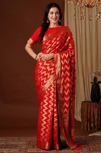 red color beautiful woven ethnic georgette fabric ceremonial saree