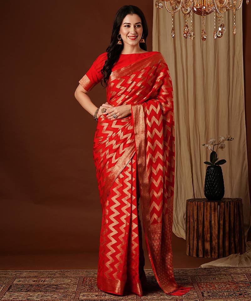 red color beautiful woven ethnic georgette fabric ceremonial saree
