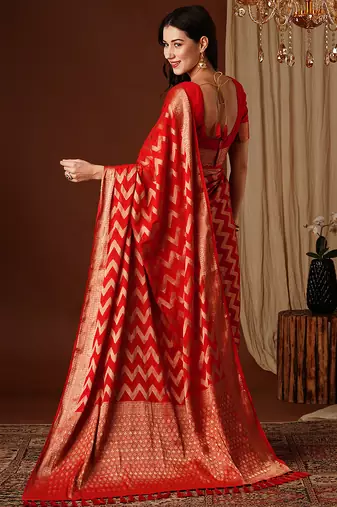 red woven ethnic georgette ceremonial saree