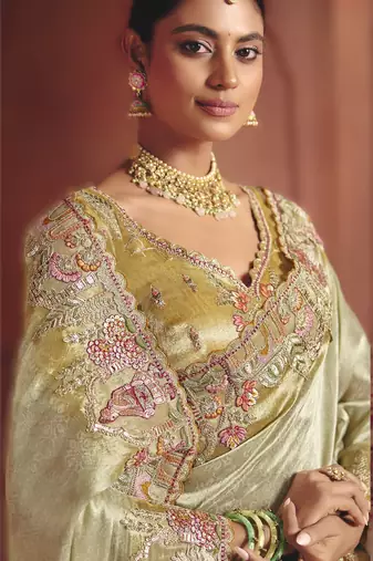 Mehendi graceful pure smooth zari silk blend saree with embroidery and sequins