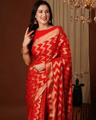 red woven ethnic georgette ceremonial saree 3