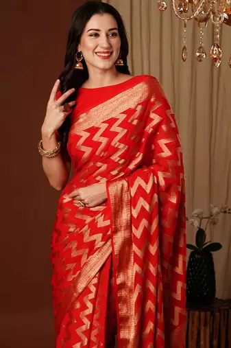 red woven ethnic georgette ceremonial saree