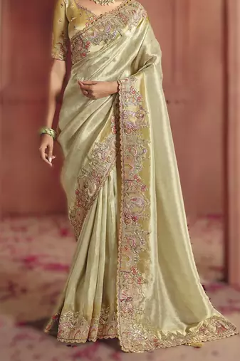Mehendi graceful pure smooth zari silk blend saree with embroidery and sequins