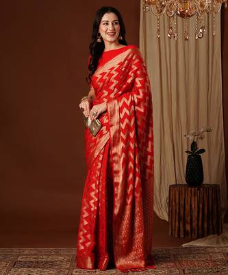 red woven ethnic georgette ceremonial saree 4