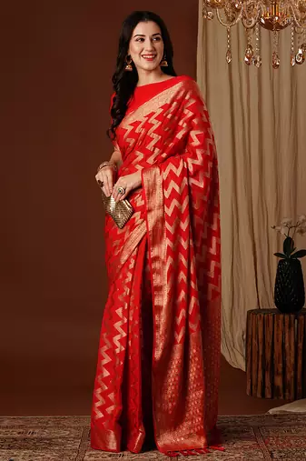 red woven ethnic georgette ceremonial saree