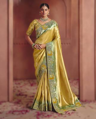 Golden exquisite pure smooth zari silk blend saree with sequins and embroidery 1