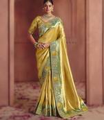 Golden exquisite pure smooth zari silk saree with sequins and heavy embroidery