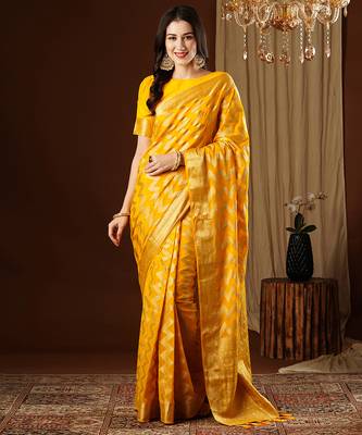 yellow woven ethnic georgette ceremonial saree 1