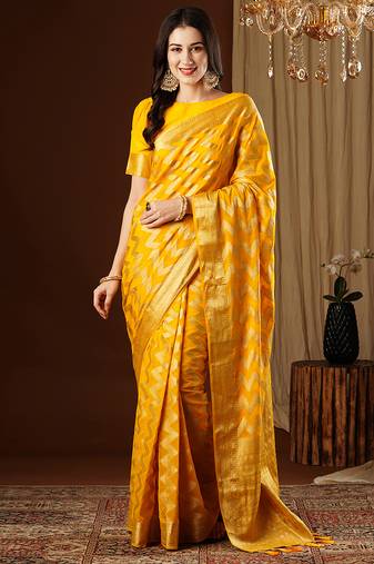 yellow color beautiful woven ethnic georgette fabric ceremonial saree