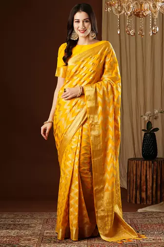 yellow color beautiful woven ethnic georgette fabric ceremonial saree