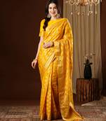 yellow color beautiful woven ethnic georgette fabric ceremonial saree