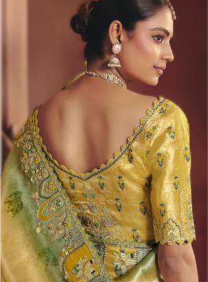 Golden exquisite pure smooth zari silk blend saree with sequins and embroidery 2