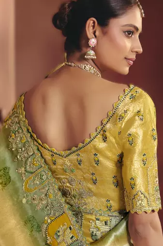 Golden exquisite pure smooth zari silk blend saree with sequins and embroidery