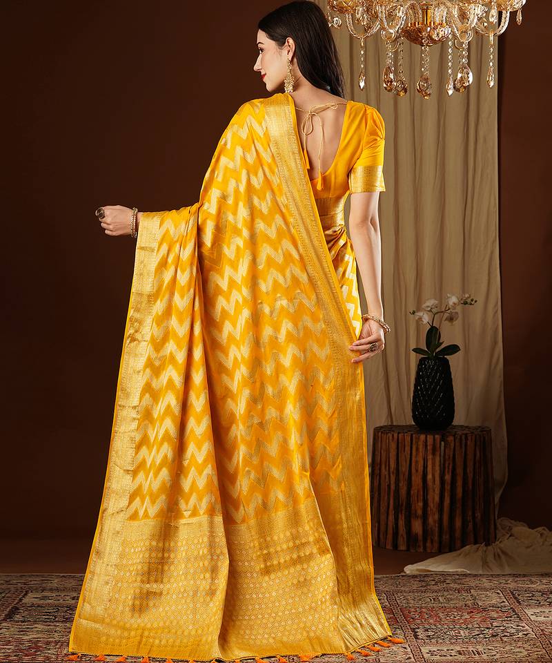 yellow color beautiful woven ethnic georgette fabric ceremonial saree