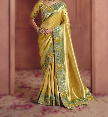 Golden exquisite pure smooth zari silk blend saree with sequins and embroidery 3