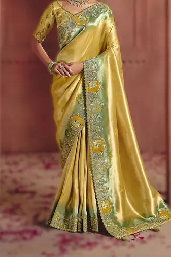 Golden exquisite pure smooth zari silk blend saree with sequins and embroidery