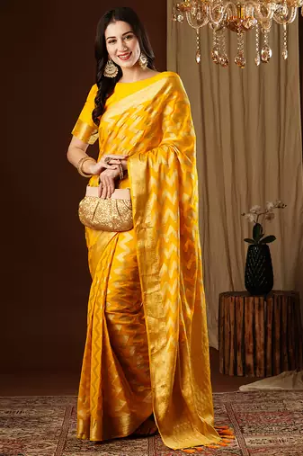 yellow woven ethnic georgette ceremonial saree