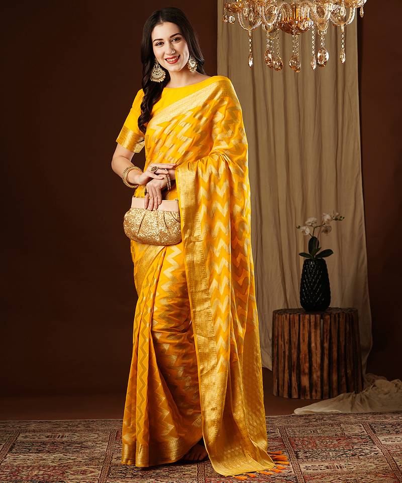 yellow color beautiful woven ethnic georgette fabric ceremonial saree