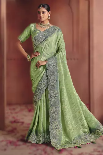 Green elegant zari dola jaquard saree with heavy embroidery and sequins