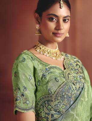 Green elegant zari dola jaquard saree with embroidery and sequins 2