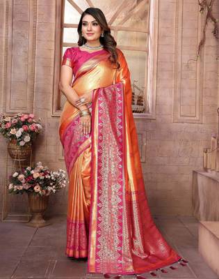 orange faux banarasi tissue silk blend ethnic jacquard weving ceremonial saree 1