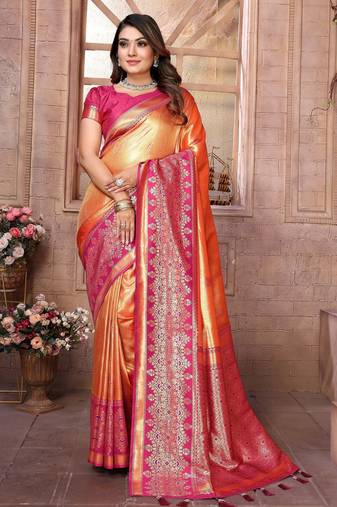 orange color banarasi tissue silk blend ethnic jacquard weving designer ceremonial saree