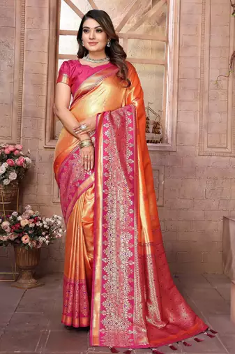 orange color banarasi tissue silk blend ethnic jacquard weving designer ceremonial saree