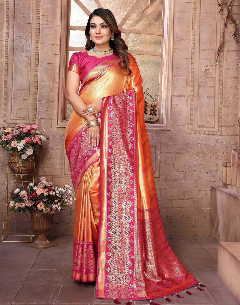 orange color banarasi tissue silk blend ethnic jacquard weving designer ceremonial saree