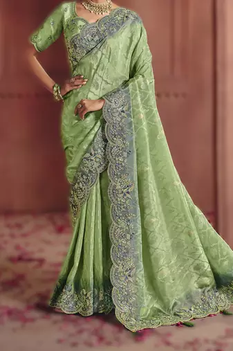 Green elegant zari dola jaquard saree with embroidery and sequins