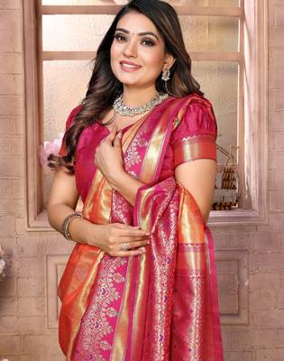 orange faux banarasi tissue silk blend ethnic jacquard weving ceremonial saree 3