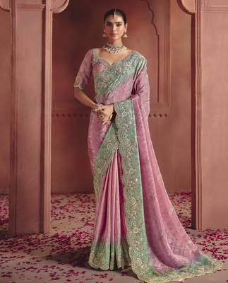 Pink rich pure smooth zari silk blend saree with embroidery and sequins 1