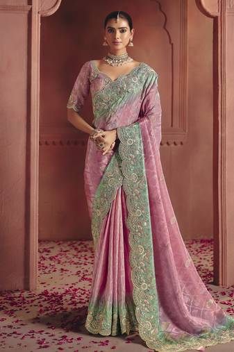 Pink rich pure smooth zari silk saree with heavy embroidery and sequins