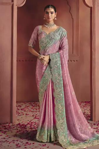 Pink rich pure smooth zari silk saree with heavy embroidery and sequins