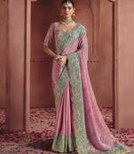 Pink rich pure smooth zari silk saree with heavy embroidery and sequins