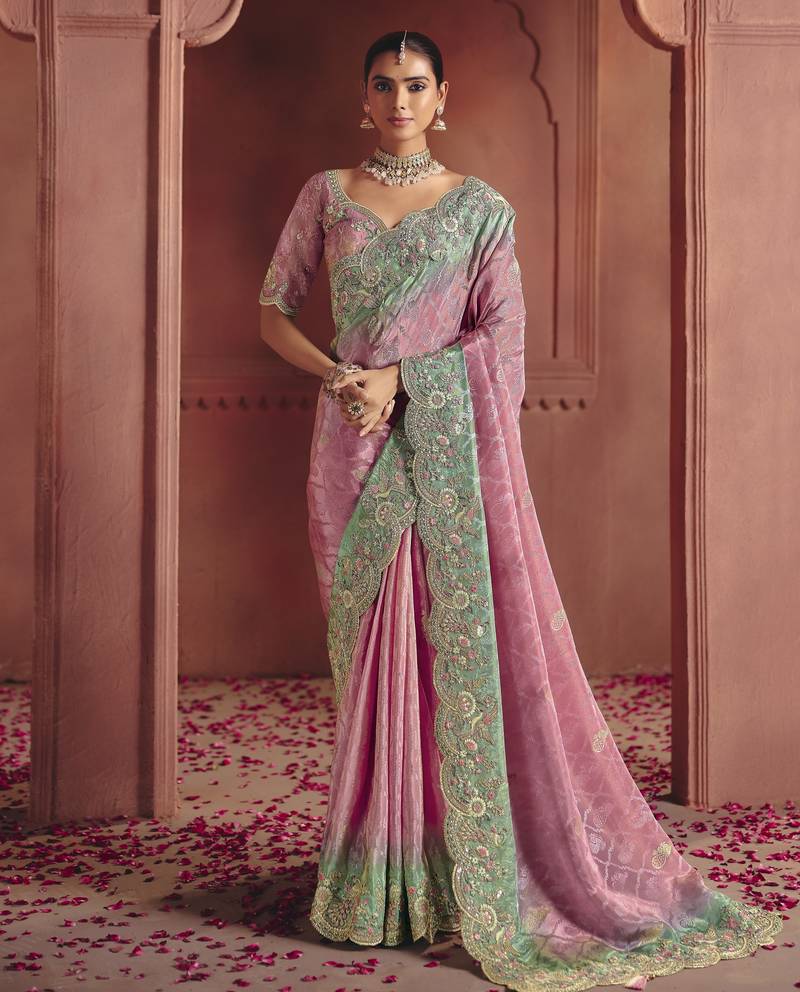 Pink rich pure smooth zari silk saree with heavy embroidery and sequins