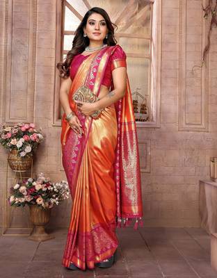 orange faux banarasi tissue silk blend ethnic jacquard weving ceremonial saree 4