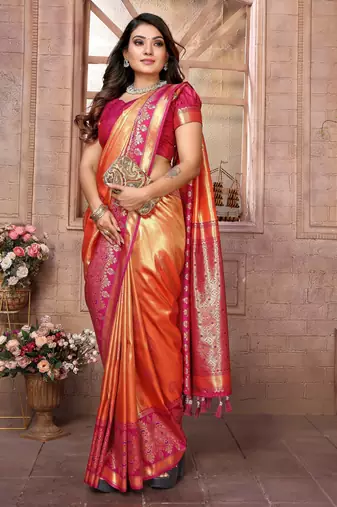 orange faux banarasi tissue silk blend ethnic jacquard weving ceremonial saree