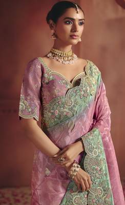 Pink rich pure smooth zari silk blend saree with embroidery and sequins 2
